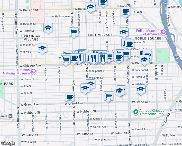 map of restaurants, bars, coffee shops, grocery stores, and more near 1831 West Superior Street in Chicago