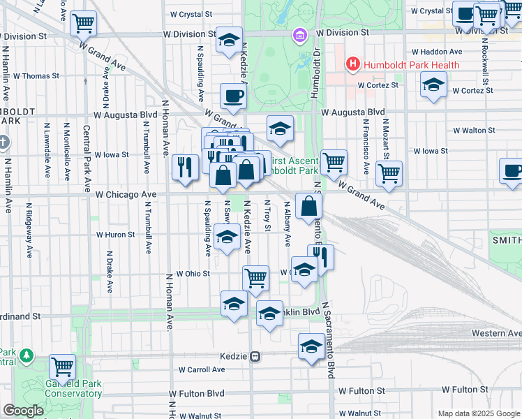 map of restaurants, bars, coffee shops, grocery stores, and more near 739 North Troy Street in Chicago