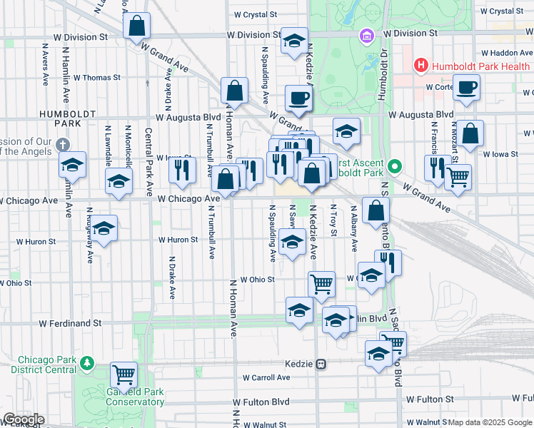 map of restaurants, bars, coffee shops, grocery stores, and more near 742 North Spaulding Avenue in Chicago