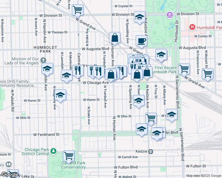 map of restaurants, bars, coffee shops, grocery stores, and more near 745 North Trumbull Avenue in Chicago