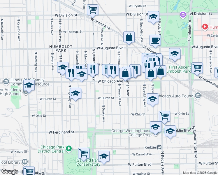 map of restaurants, bars, coffee shops, grocery stores, and more near 740 North Saint Louis Avenue in Chicago