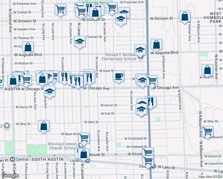 map of restaurants, bars, coffee shops, grocery stores, and more near 5018 West Chicago Avenue in Chicago