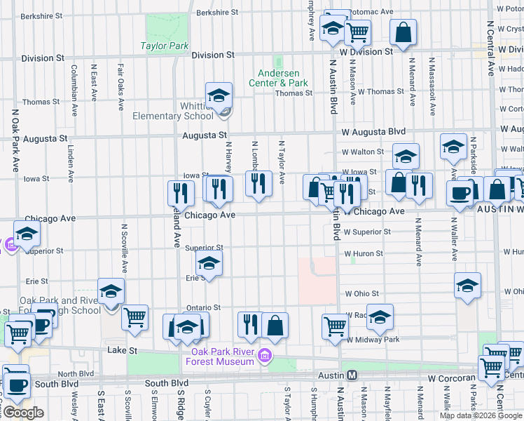 map of restaurants, bars, coffee shops, grocery stores, and more near 501 North Lombard Avenue in Oak Park