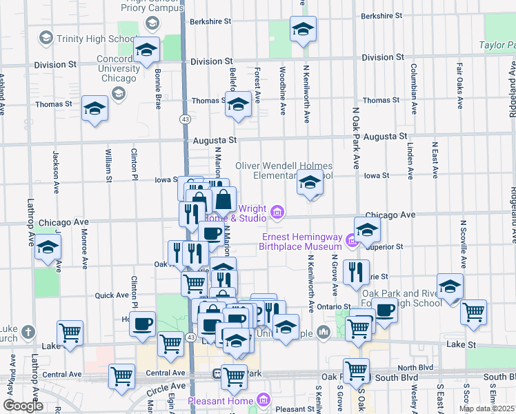 map of restaurants, bars, coffee shops, grocery stores, and more near 517 Forest Avenue in Oak Park