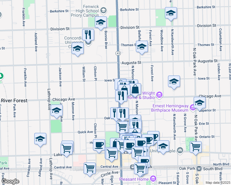 map of restaurants, bars, coffee shops, grocery stores, and more near 818 Harlem Avenue in Oak Park