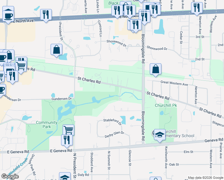map of restaurants, bars, coffee shops, grocery stores, and more near 23W525 Saint Charles Road in Carol Stream