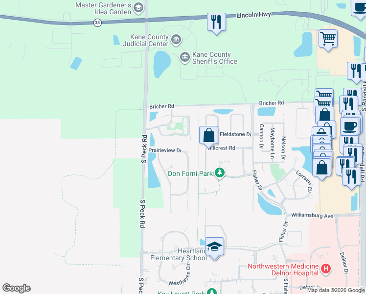 map of restaurants, bars, coffee shops, grocery stores, and more near 457 Prairie View Drive in Geneva