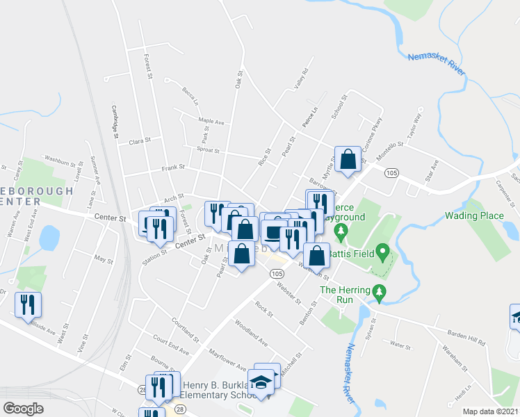 map of restaurants, bars, coffee shops, grocery stores, and more near 100 Peirce Street in Middleborough