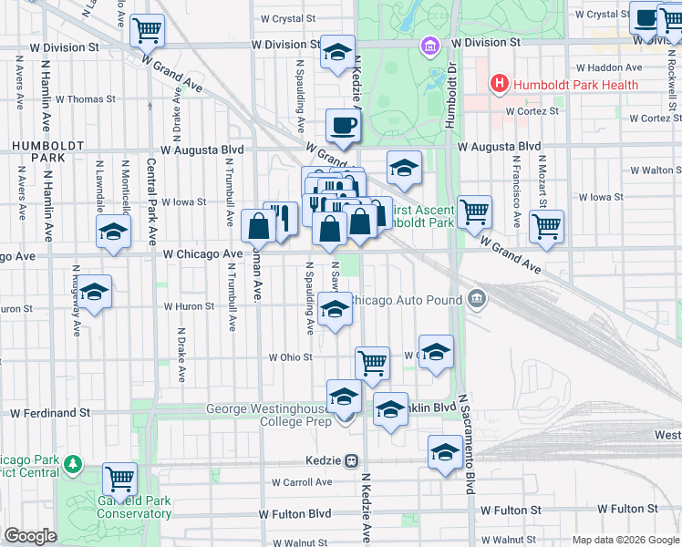 map of restaurants, bars, coffee shops, grocery stores, and more near 742 North Sawyer Avenue in Chicago