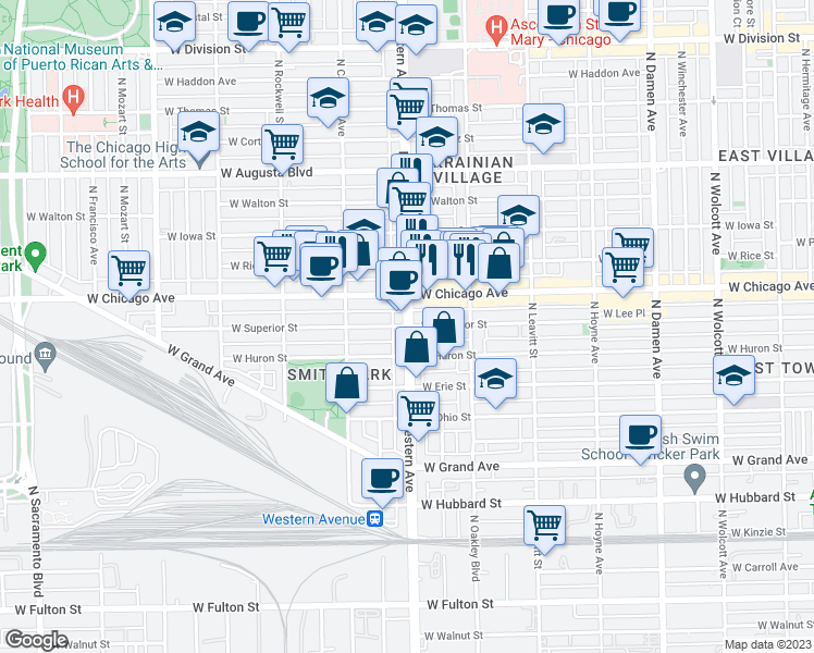 map of restaurants, bars, coffee shops, grocery stores, and more near N Western Ave & W Superior St in Chicago