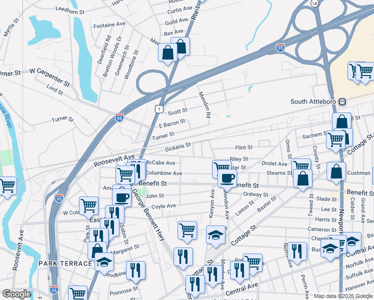 map of restaurants, bars, coffee shops, grocery stores, and more near 40 Rose Drive in Pawtucket