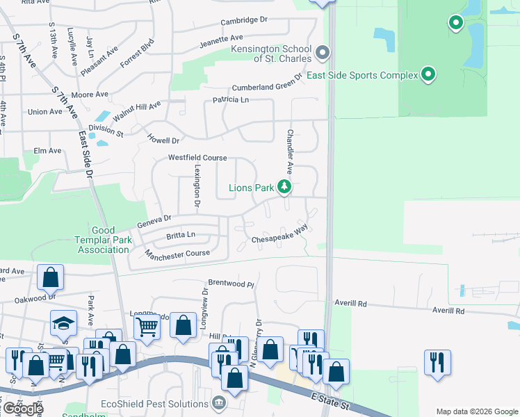 map of restaurants, bars, coffee shops, grocery stores, and more near 1332 Arlington Court in Geneva