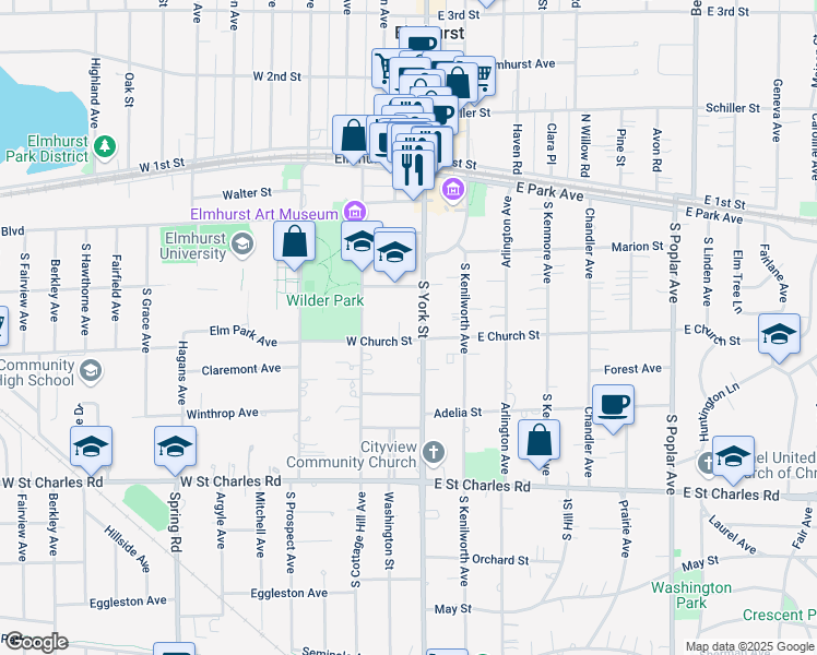 map of restaurants, bars, coffee shops, grocery stores, and more near 232 South York Street in Elmhurst