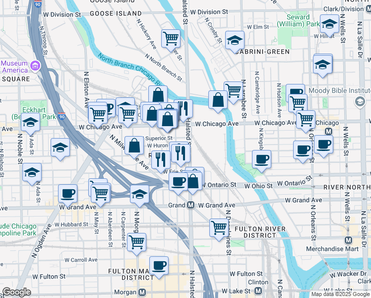 map of restaurants, bars, coffee shops, grocery stores, and more near 681 North Green Street in Chicago