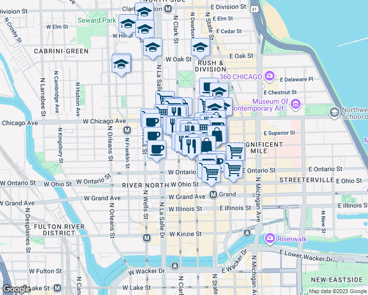 map of restaurants, bars, coffee shops, grocery stores, and more near 71 West Huron Street in Chicago