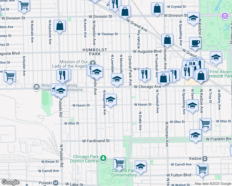 map of restaurants, bars, coffee shops, grocery stores, and more near 739 North Lawndale Avenue in Chicago