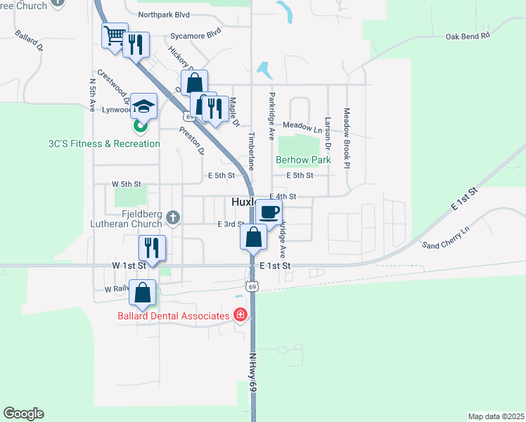 map of restaurants, bars, coffee shops, grocery stores, and more near 306 U.S. 69 in Huxley
