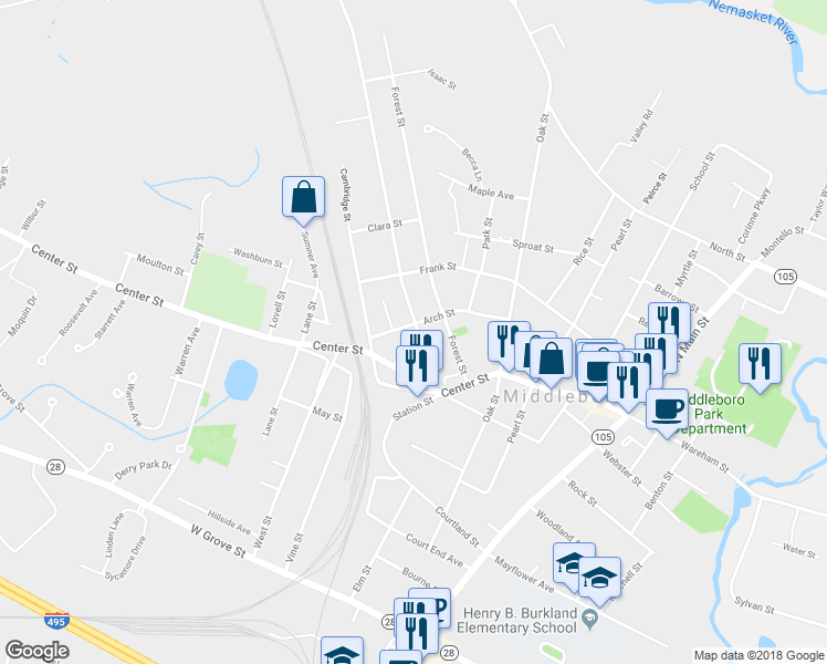 map of restaurants, bars, coffee shops, grocery stores, and more near 34 Everett Street in Middleborough