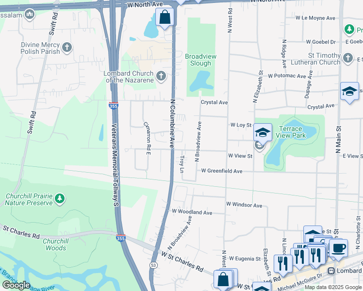 map of restaurants, bars, coffee shops, grocery stores, and more near 528-32 West Meadow Avenue in Lombard