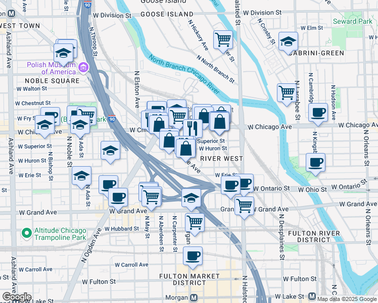 map of restaurants, bars, coffee shops, grocery stores, and more near 951 West Huron Street in Chicago