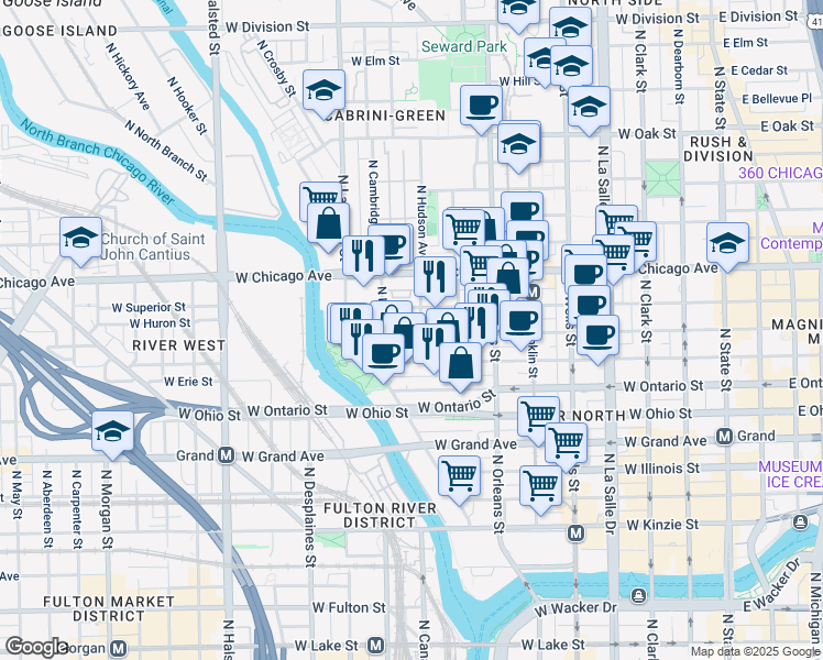 map of restaurants, bars, coffee shops, grocery stores, and more near 446 West Huron Street in Chicago