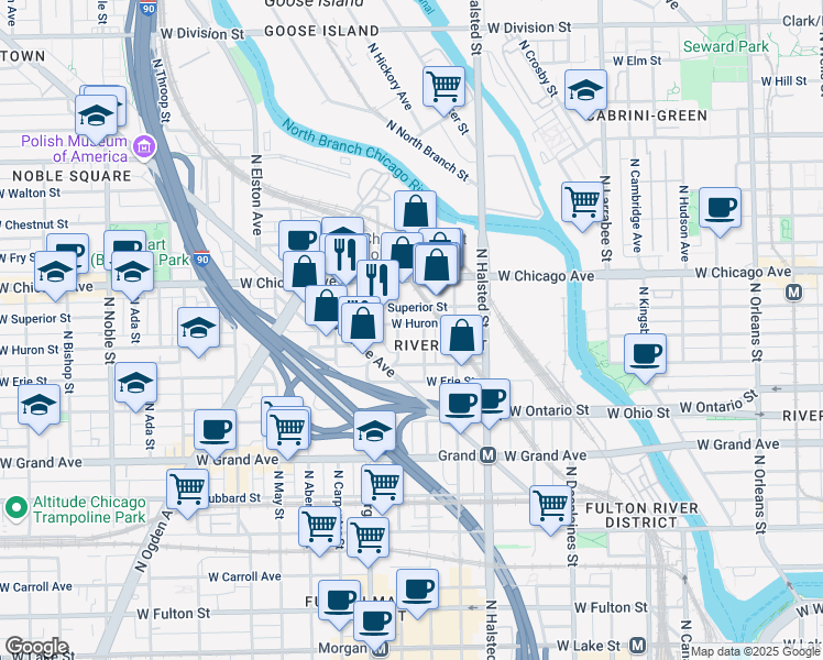 map of restaurants, bars, coffee shops, grocery stores, and more near 925 West Huron Street in Chicago