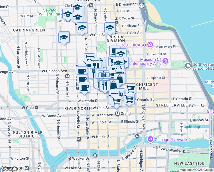 map of restaurants, bars, coffee shops, grocery stores, and more near W Huron St & N Dearborn St in Chicago