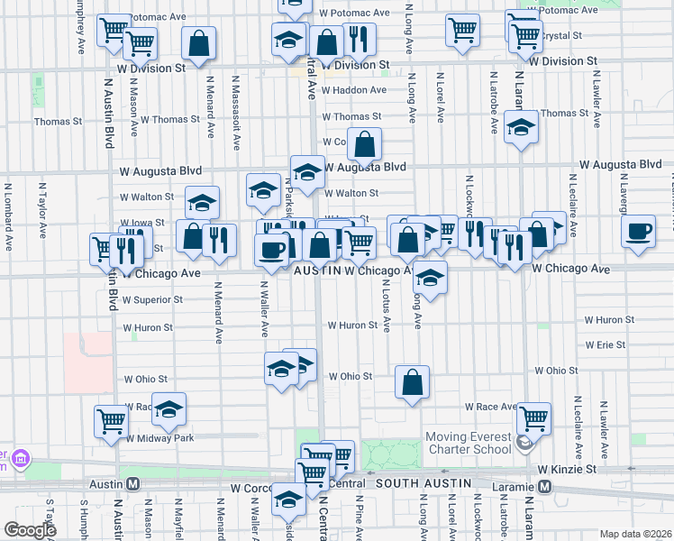 map of restaurants, bars, coffee shops, grocery stores, and more near in Chicago