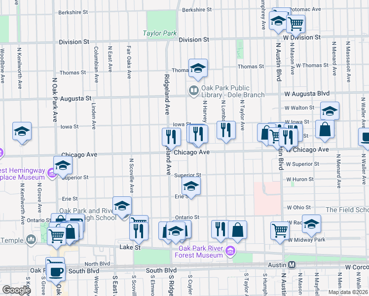map of restaurants, bars, coffee shops, grocery stores, and more near 508 North Cuyler Avenue in Oak Park