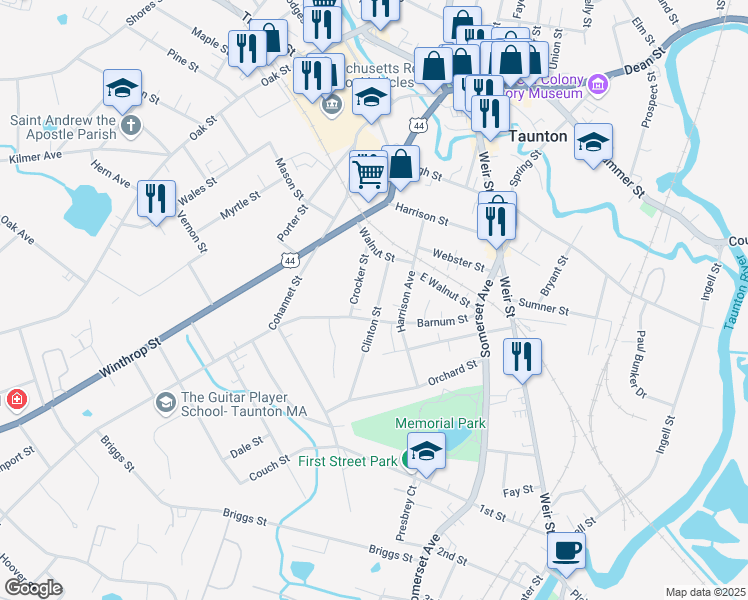 map of restaurants, bars, coffee shops, grocery stores, and more near 17 Clinton Street in Taunton