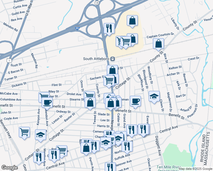 map of restaurants, bars, coffee shops, grocery stores, and more near 118 Dawson Street in Pawtucket