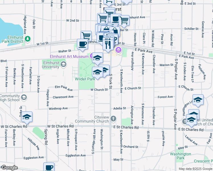 map of restaurants, bars, coffee shops, grocery stores, and more near 232 South York Street in Elmhurst