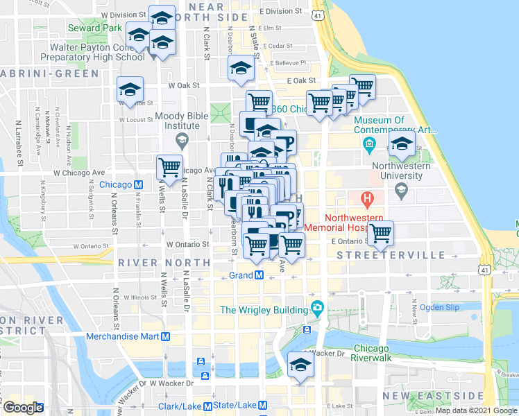 map of restaurants, bars, coffee shops, grocery stores, and more near W Huron St & N State St in Chicago