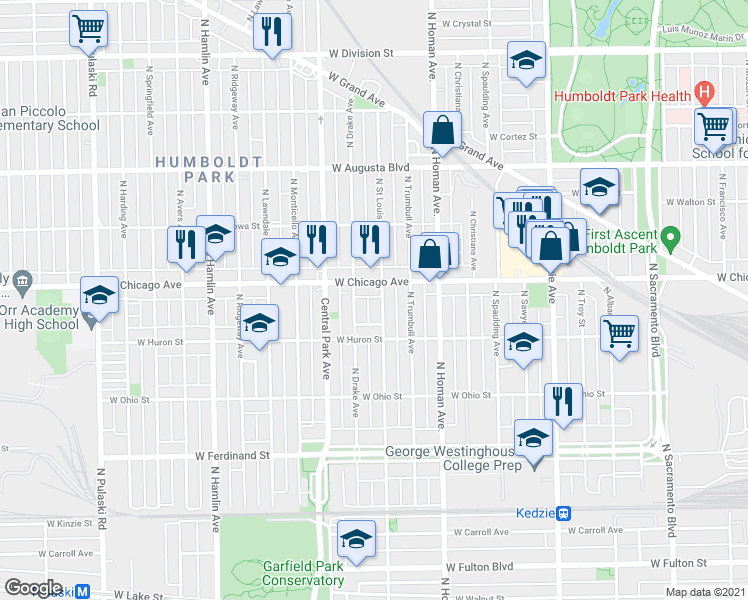 map of restaurants, bars, coffee shops, grocery stores, and more near 740 North Saint Louis Avenue in Chicago