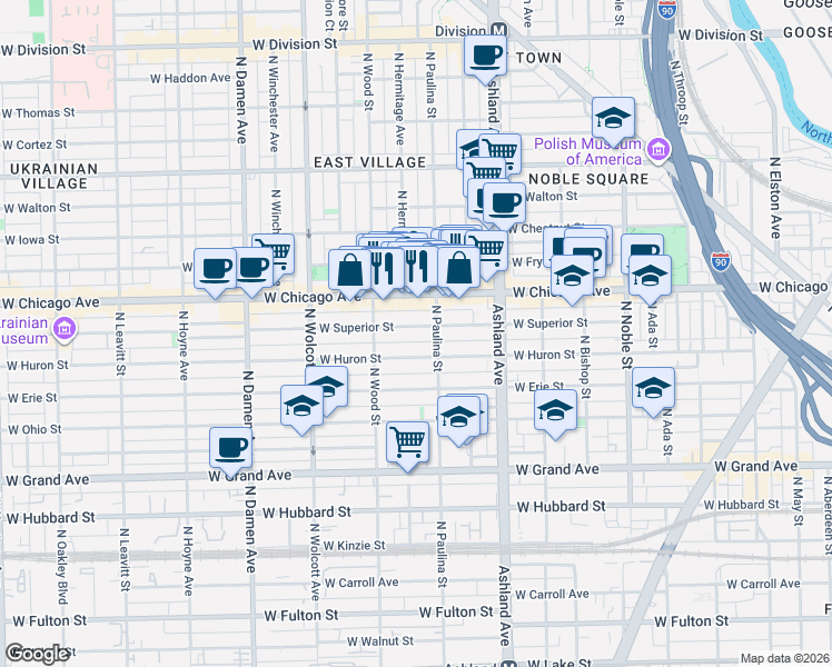 map of restaurants, bars, coffee shops, grocery stores, and more near 1719 West Superior Street in Chicago