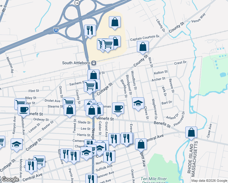map of restaurants, bars, coffee shops, grocery stores, and more near 14 Elmcrest Drive in Pawtucket