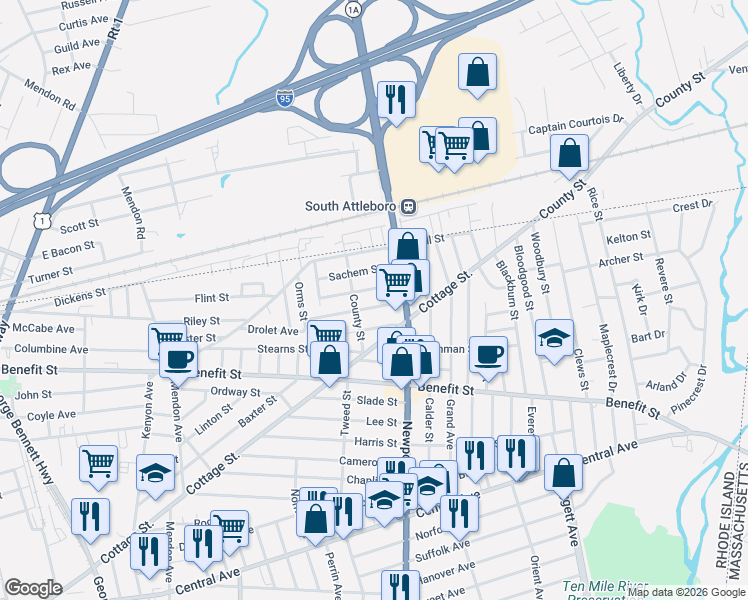 map of restaurants, bars, coffee shops, grocery stores, and more near 118 Dawson Street in Pawtucket