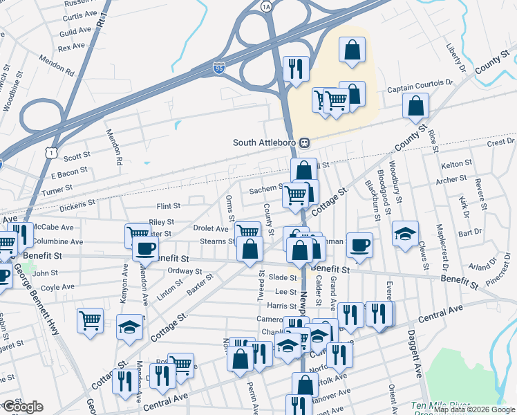 map of restaurants, bars, coffee shops, grocery stores, and more near 70 County Street in Pawtucket
