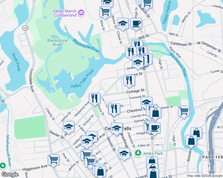 map of restaurants, bars, coffee shops, grocery stores, and more near 14 Hawley Street in Central Falls
