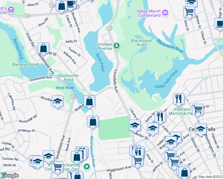 map of restaurants, bars, coffee shops, grocery stores, and more near 22 Walker Street in Lincoln