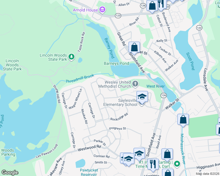 map of restaurants, bars, coffee shops, grocery stores, and more near 45 Rockridge Road in Lincoln