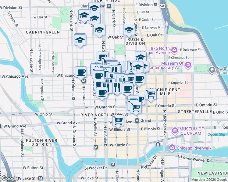 map of restaurants, bars, coffee shops, grocery stores, and more near 665 North Clark Street in Chicago