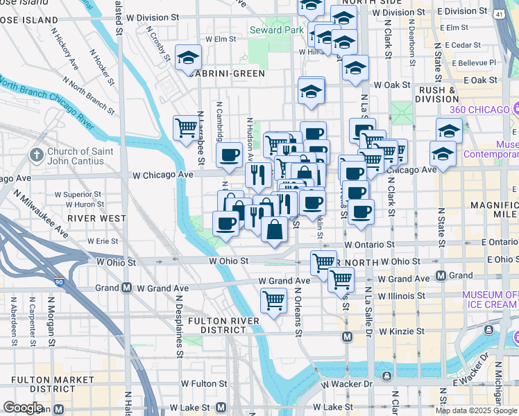 map of restaurants, bars, coffee shops, grocery stores, and more near 405 West Superior Street in Chicago