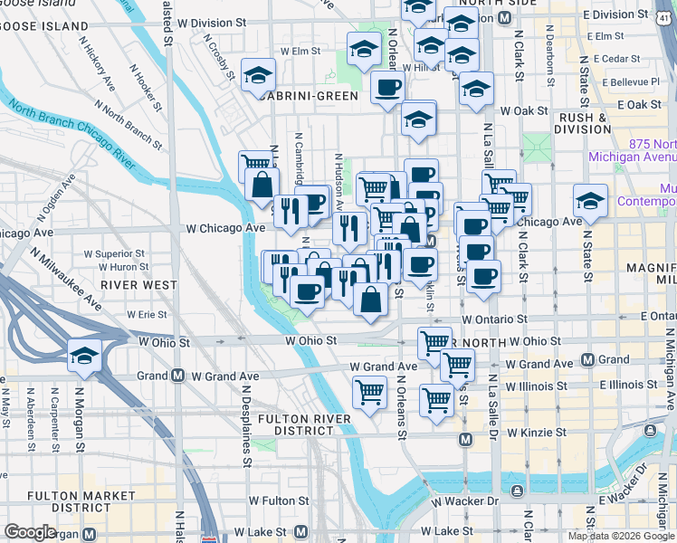 map of restaurants, bars, coffee shops, grocery stores, and more near 448 West Huron Street in Chicago