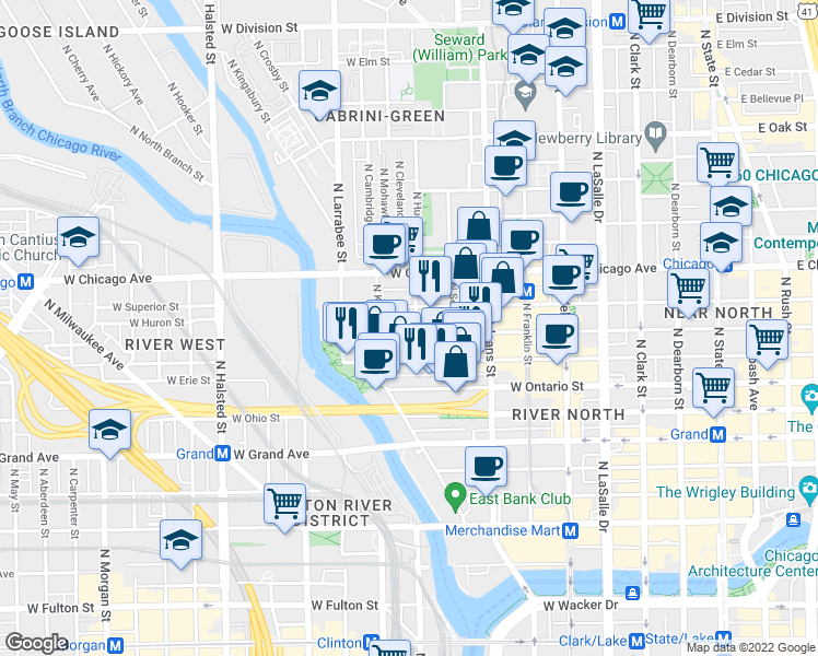 map of restaurants, bars, coffee shops, grocery stores, and more near 448 West Huron Street in Chicago