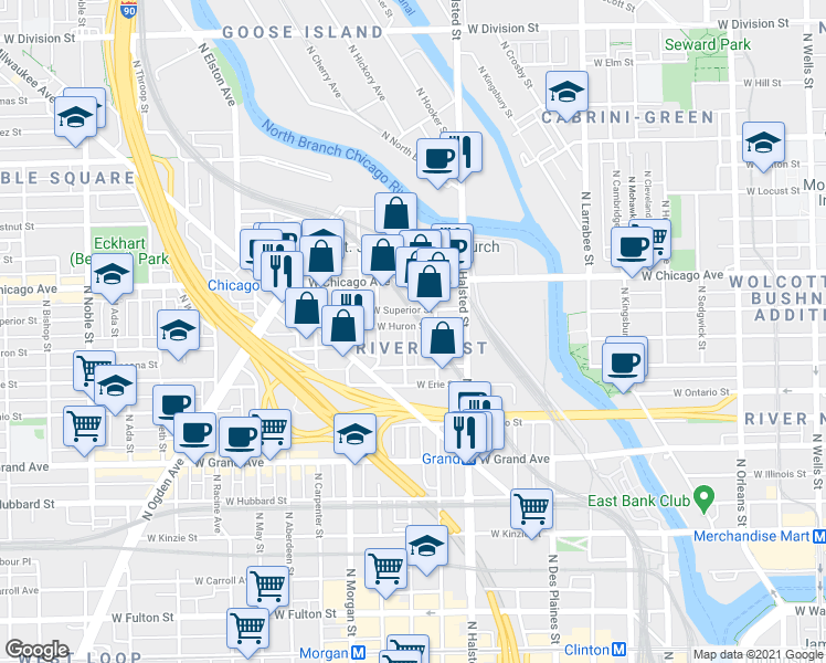 map of restaurants, bars, coffee shops, grocery stores, and more near 617 North Green Street in Chicago