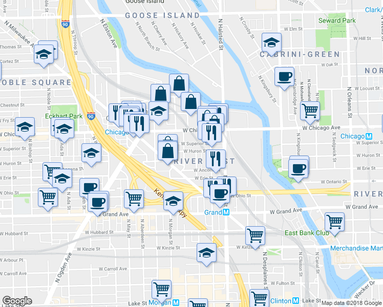 map of restaurants, bars, coffee shops, grocery stores, and more near 925 West Huron Street in Chicago