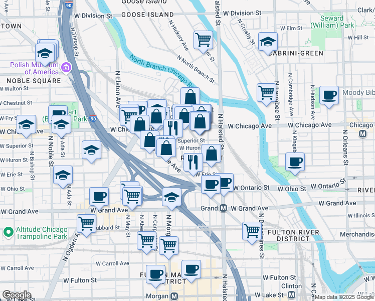 map of restaurants, bars, coffee shops, grocery stores, and more near 925 West Huron Street in Chicago