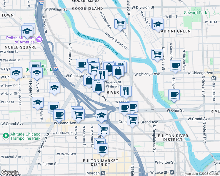 map of restaurants, bars, coffee shops, grocery stores, and more near 925 West Huron Street in Chicago