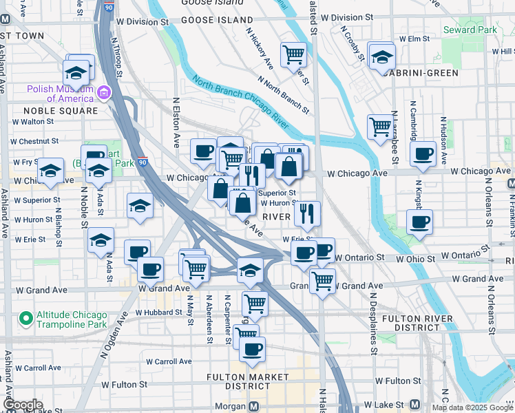 map of restaurants, bars, coffee shops, grocery stores, and more near 925 West Huron Street in Chicago
